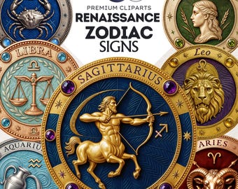 May include: Twelve Renaissance-style zodiac signs, each depicted in a circular frame with a gold border. The signs are: Cancer, Libra, Sagittarius, Virgo, Leo, Aquarius, and Aries. Each sign is illustrated with a unique symbol and imagery.
