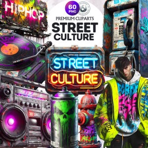60 Urban Street Culture Graffiti Clipart Set, Hip hop clipart, Urban landscapes, street fashion, boombox, spray can, Neon png, Vinyl clipart