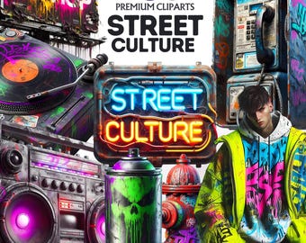 Conjunto de imágenes prediseñadas de graffiti urbano: arte callejero hip hop, gráficos neón (PNG, descarga digital)