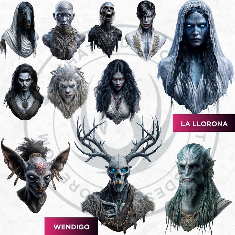 Creatures of Folklore Dark Fantasy Clipart PNG Set World Mythology Gothic Monsters for Horror & Junk Journal Kit Sublimation, Baba yaga