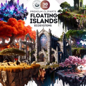 Floating Islands Ecosystem Cliparts - 30 Magical PNG Set for Sublimation and Crafts, RPG & POD. Fantasy Islands png, Nature Fantasy art