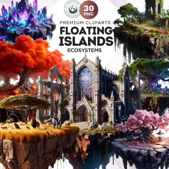 Floating Islands Clipart: Magical Ecosystem PNG Set (Digital Download, Commercial Use)