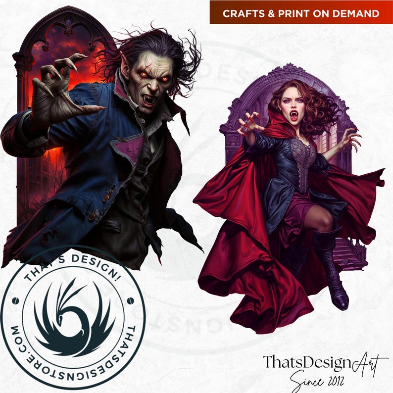 Vampire clipart Set, halloween clipart, Gothic Dracula design, Fantasy gothic clipart, Halloween png, bat clipart, crafts & sublimation