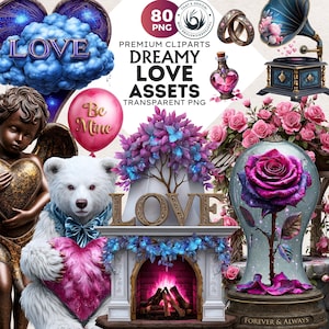 Puede incluir: Una composición de arte digital con elementos románticos. Incluye un oso blanco sosteniendo un corazón rosa, una chimenea con la palabra "LOVE", una rosa en una cúpula de cristal y un globo rosa que dice "Be Mine". La imagen también incluye el texto "DREAMY LOVE ASSETS".