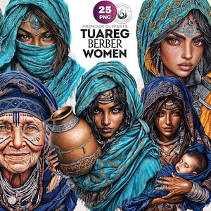 Berber Toeareg vrouw clipartset, Sahara nomadenvrouwen, Touareg meisje, woestijnvrouw, Marokkaanse nomadische mensen kunst, ambachten en sublimatie ontwerpen