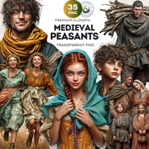 Medieval Peasants PNG, Fantasy Villagers Clipart, Historical RPG Characters for Art & Sublimation, Transparent background, Commercial use