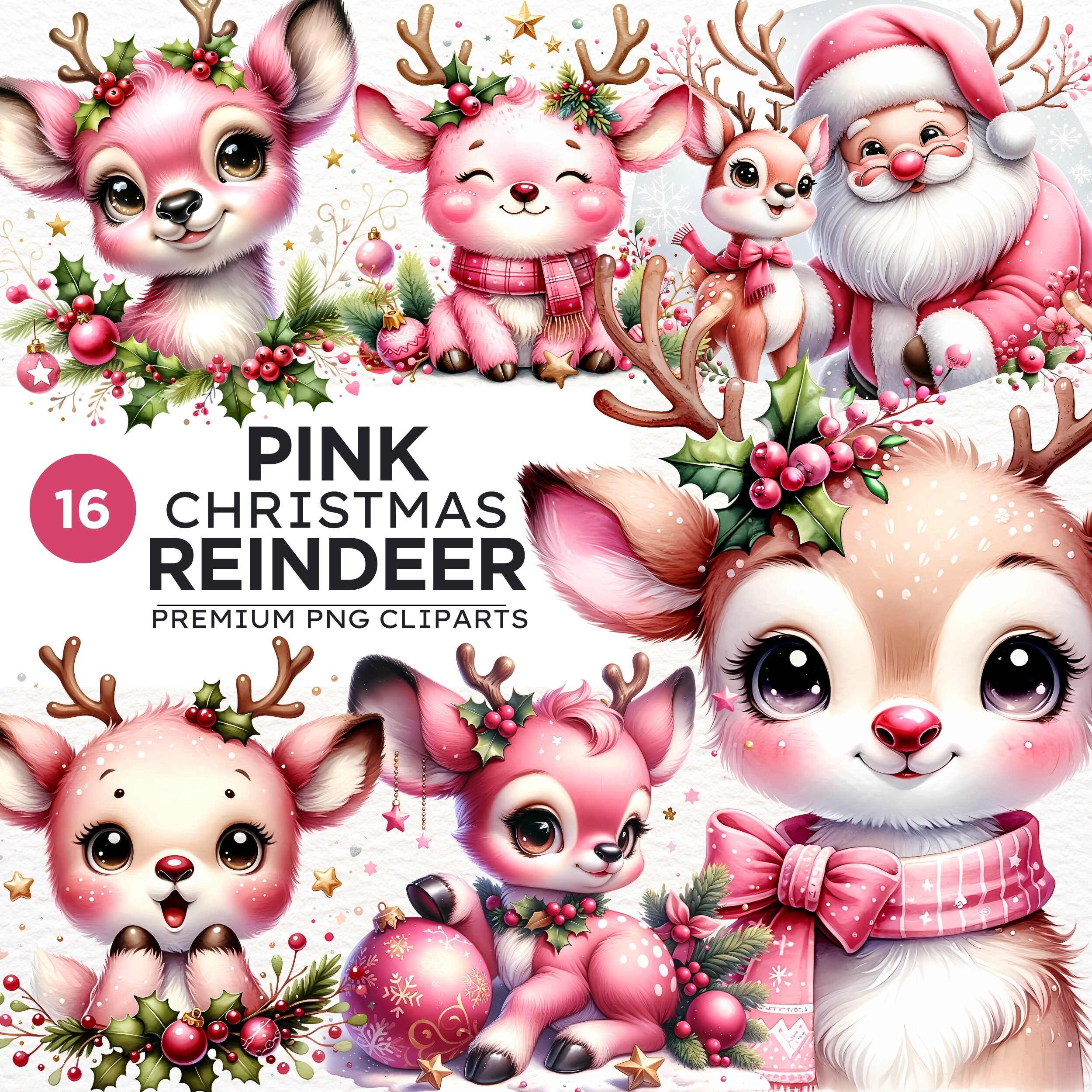 16 Cute Pink Reindeer PNG Clipart Bundle Watercolor Santa - Etsy UK