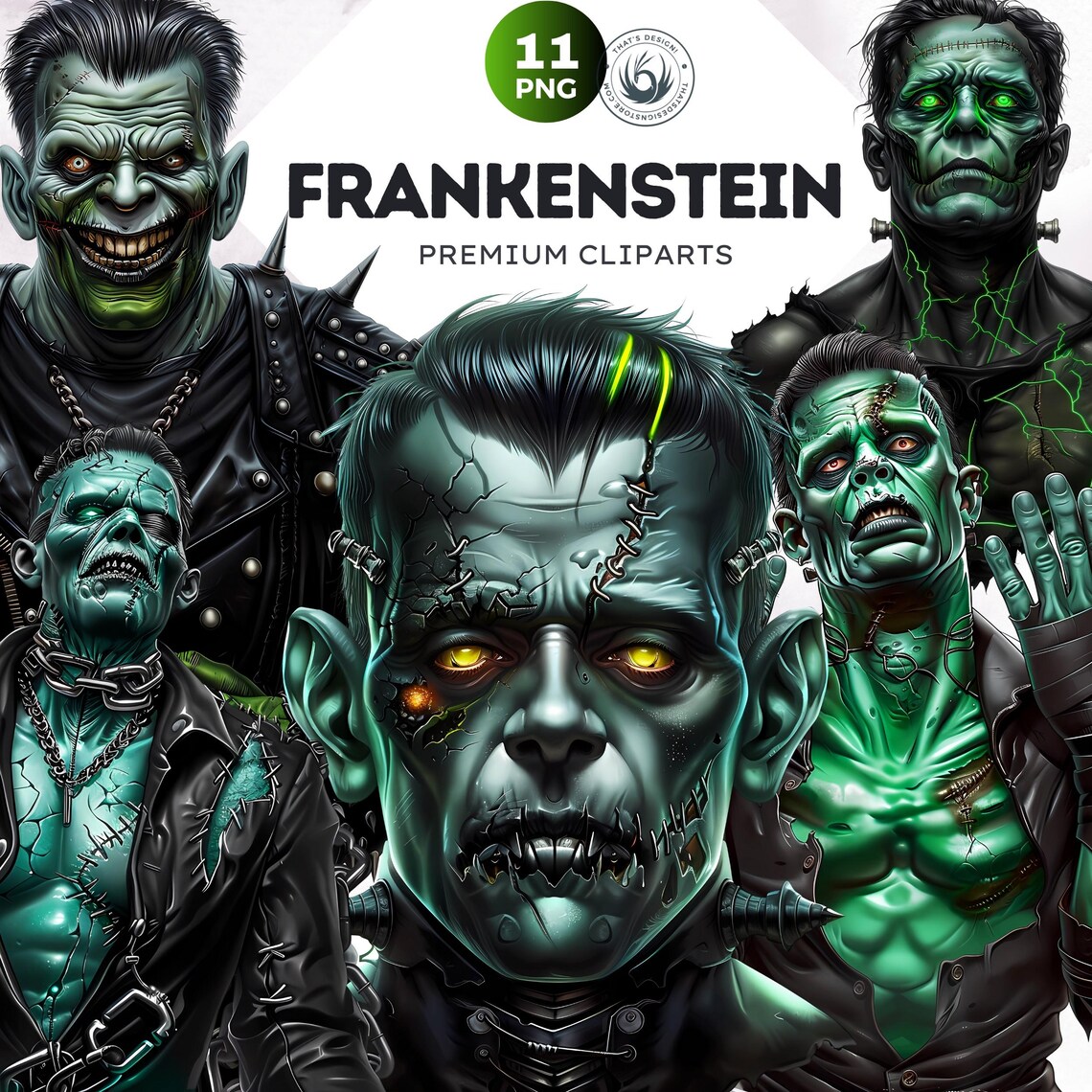 Frankenstein Clipart Set: Spooky Halloween PNG Graphics (digital ...