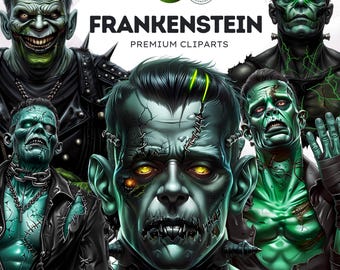 May include: A set of 11 digital clip art images featuring Frankenstein's monster in various poses. The monster is green with stitched seams and yellow eyes. The images are in PNG format and are perfect for creating Halloween-themed projects.