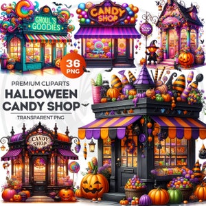 Ensemble de 36 cliparts de magasin de bonbons Halloween, vitrine de magasin de bonbons aquarelle, magasin de bonbons PNG, clipart de devantures de magasins, clipart bonbons, Halloween PNG