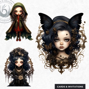 May include: Three digital illustrations of girls with dark hair and large eyes. The first girl is wearing a green hooded cloak and standing on a white background. The second girl is wearing a black dress and a crown of flowers. The third girl is wearing a black dress and a crown of flowers. The background is a gold ornate frame.