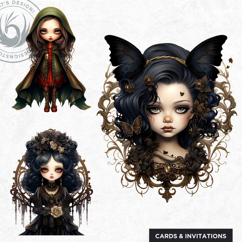 May include: Three digital illustrations of girls with dark hair and large eyes. The first girl is wearing a green hooded cloak and standing on a white background. The second girl is wearing a black dress and a crown of flowers. The third girl is wearing a black dress and a crown of flowers. The background is a gold ornate frame.