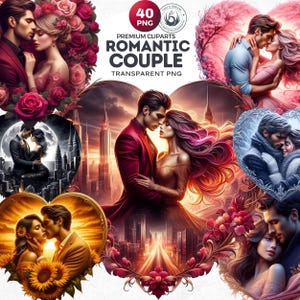 40 Romantic couple Valentines day PNG clipart set, Romantic floral heart, Love clipart,elegant portraits for card making, crafts sublimation