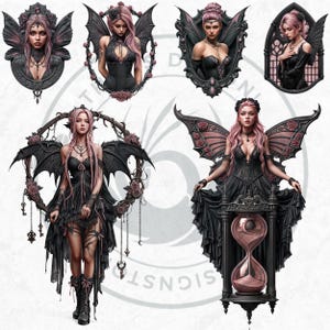 Black & Pink Gothic Fairies PNG, Dark Fairy Art Clipart, Pastel goth Fantasy for Sublimation Craft, Transparent background, Commercial use