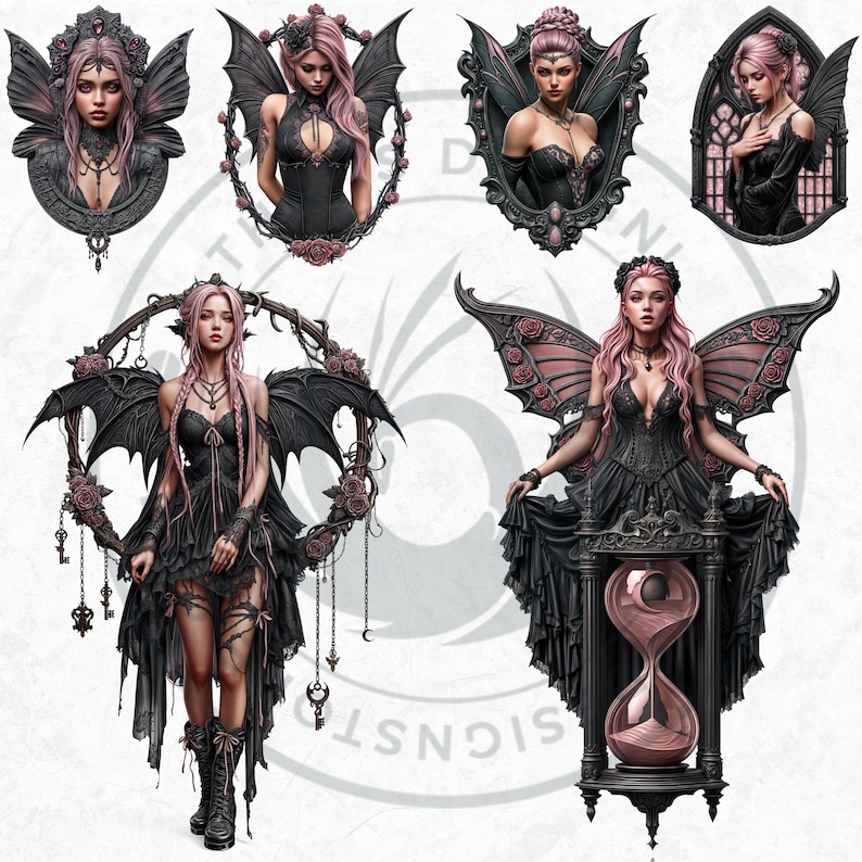 Black & Pink Gothic Fairies PNG, Dark Fairy Art Clipart, Pastel goth Fantasy for Sublimation Craft, Transparent background, Commercial use