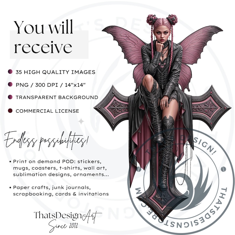 Black & Pink Gothic Fairies PNG, Dark Fairy Art Clipart, Pastel goth Fantasy for Sublimation Craft, Transparent background, Commercial use