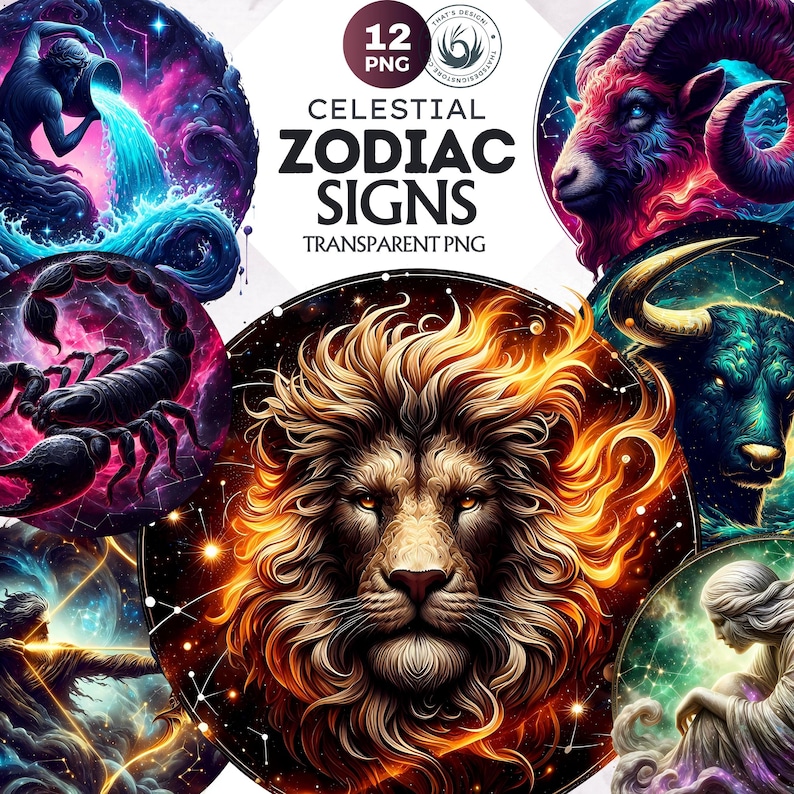 12 Celestial Zodiac signs Clipart Set, Astrology clipart, horoscope signs, Fantasy Clipart, Celestial clipart, zodiac sublimation,zodiac png.Aries, Taurus, Gemini, Cancer, Leo, Virgo, Libra, Scorpio, Sagittarius, Capricorn, Aquarius, Pisces