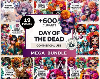 May include: A digital graphic bundle featuring Day of the Dead themes, including sugar skulls, Catrina figures, and floral arrangements. The text reads 19 PACKS +600 CLIPARTS DAY OF THE DEAD COMMERCIAL USE MEGA BUNDLE with various PNG counts.