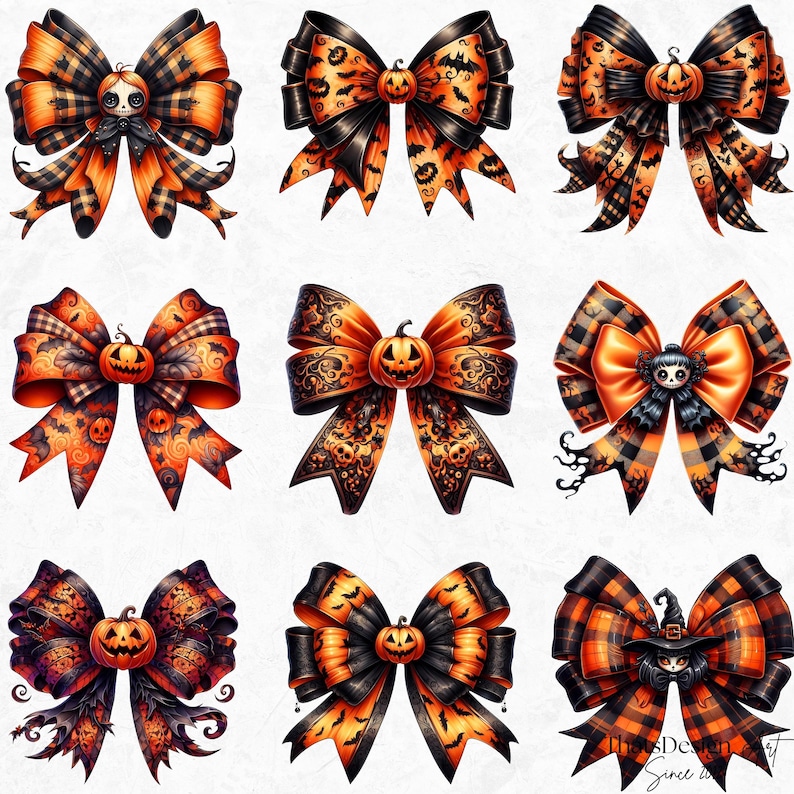 Gothic Halloween Bow Clipart Set: Spooky Characters (PNG Digital ...