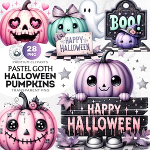 Pastel Goth Halloween Pumpkin PNG Set, Cute Spooky Kawaii pumpkin Clipart, Pastel Halloween clipart, Transparent background, Commercial use