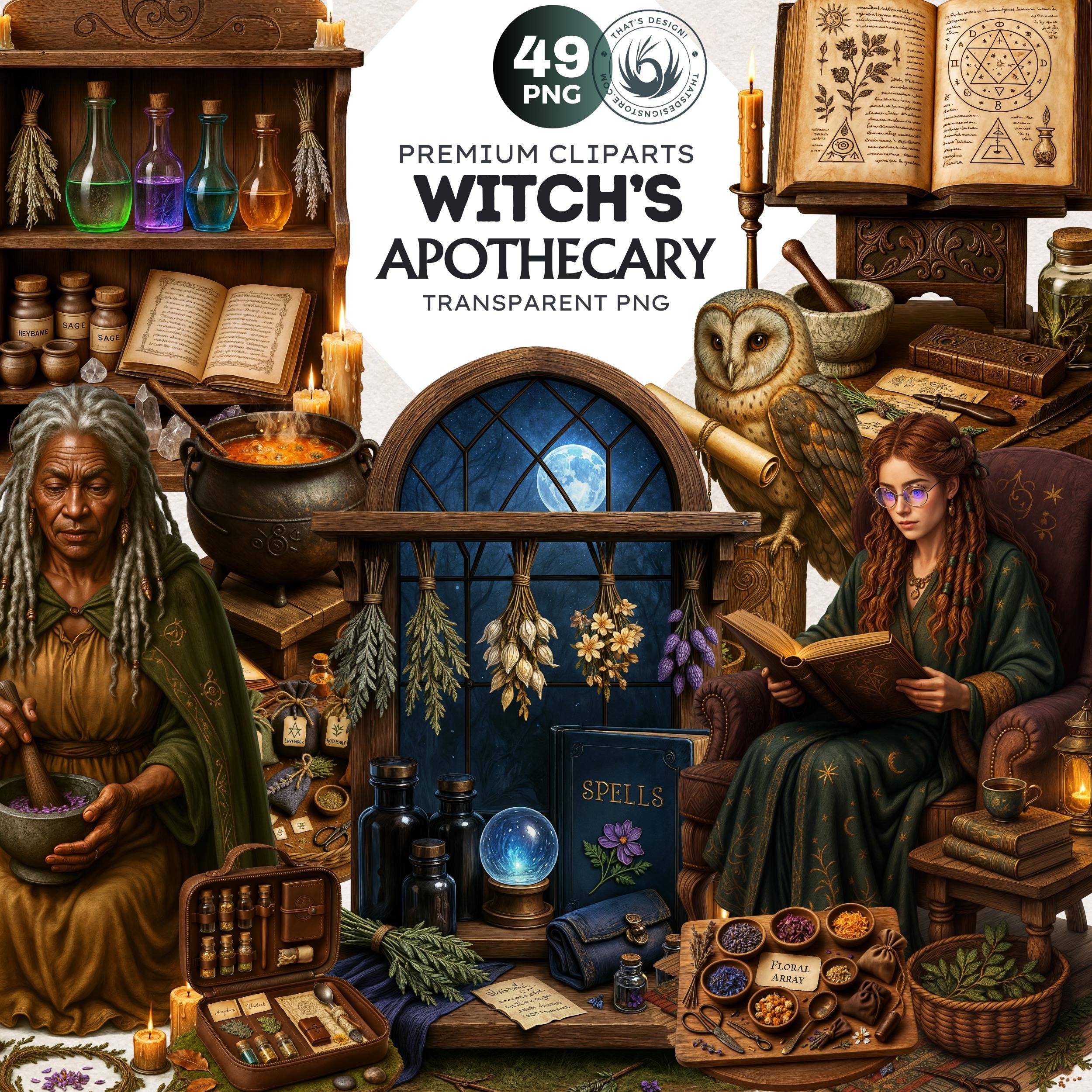 Cosy Witch's Apothecary Clipart PNG - Magical Potion Sublimation Craft - Crystal Ball Cauldron Herbs magic, spell book, pentagram, black cat
