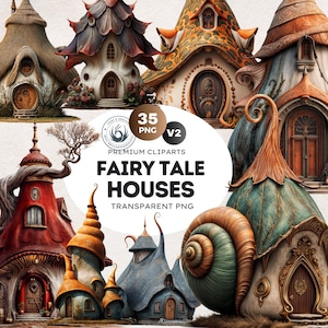 Fairy Tale Houses PNG Set V2, Whimsical Buildings Clipart, Fantasy Mushroom House, Gnome Home, Enchanted Forest, Cottage Fantasy clipart