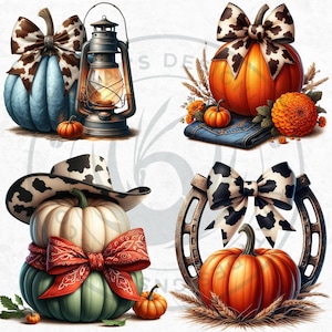 Fall Western Coquette Pumpkins PNG set, Cowgirl Fall Decor Clipart, Boho Autumn pumpkin with sunflower, Autumn harvest, Commercial use
