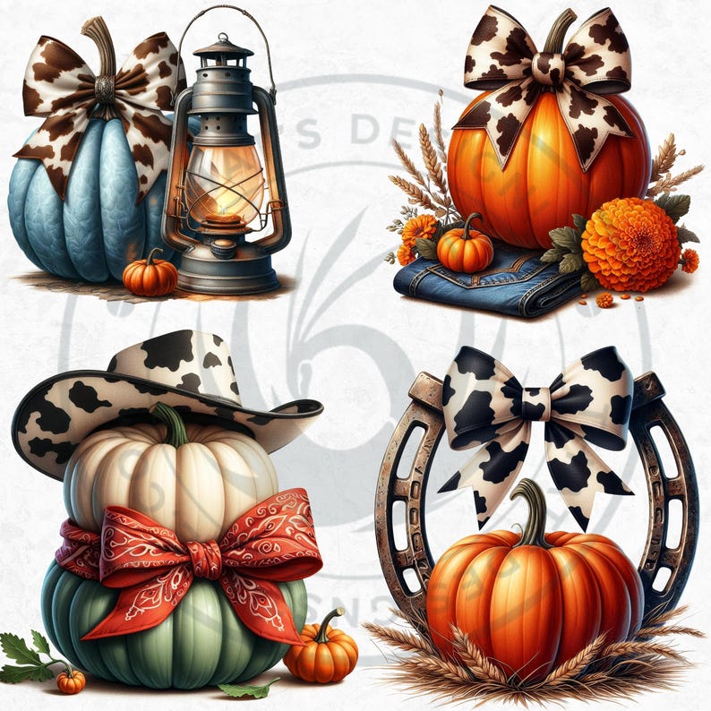 Fall Western Coquette Pumpkins PNG set, Cowgirl Fall Decor Clipart, Boho Autumn pumpkin with sunflower, Autumn harvest, Commercial use