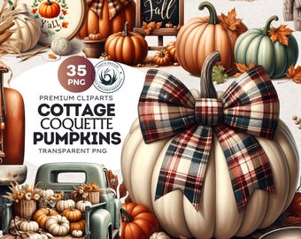 Cottagecore Coquette Pumpkins Clipart: Fall Thanksgiving Bow, Autumn decor (PNG Digital Download, Commercial Use)