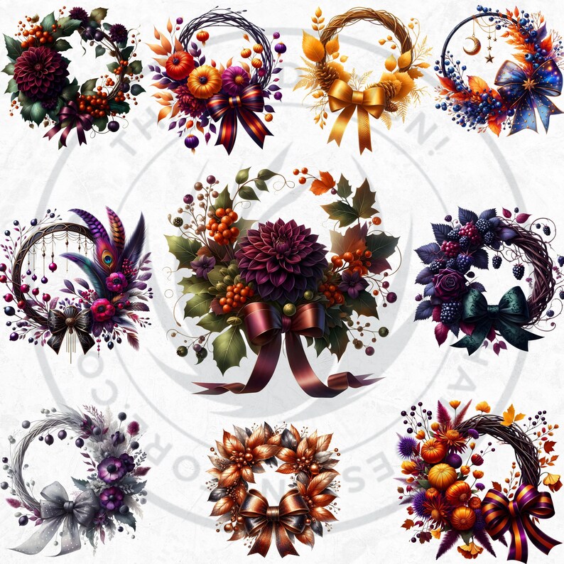 Watercolor Autumn Wreaths Clipart Bundle: Fall Leaves, Pumpkins ...