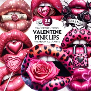 38 Pink Valentine Lips Clipart Set -Romantic Lips, Roses, Chocolates & Neon Love Signs.Love clipart for Valentine's Day card and sublimation