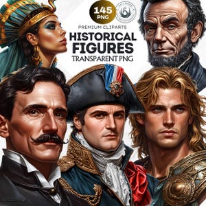 145 Historical figures clipart set, rulers, scholars, inventors, artists, and philosophers from diverse eras and cultures. Educational asset