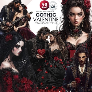 40 Gothic Valentines day clipart set, Goth art, Romantic floral heart, Love clipart, elegant portraits for card making, crafts sublimation