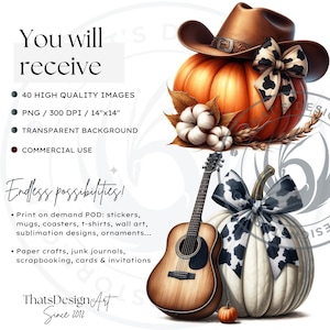 Fall Western Coquette Pumpkins PNG set, Cowgirl Fall Decor Clipart, Boho Autumn pumpkin with sunflower, Autumn harvest, Commercial use