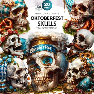 20 Oktoberfest skull Clipart Set, Traditional Bavarian skull PNG, Beer festival PNG, pretzel, beer clipart, mustache, lederhosen, dirndls