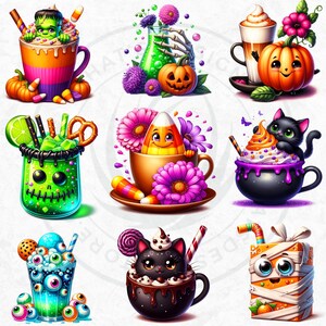 Halloween Drinks Cuties PNG Set, Kawaii Spooky Treats Clipart, Kids halloween Party for Sublimation, Ghost, Pumpkin, cauldron, Halloween PNG