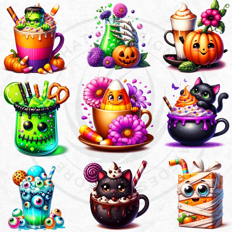 Halloween Drinks Cuties PNG Set, Kawaii Spooky Treats Clipart, Kids halloween Party for Sublimation, Ghost, Pumpkin, cauldron, Halloween PNG