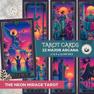 May include: A set of 22 Major Arcana tarot cards titled The Neon Mirage Tarot, measuring 2.75 x 4.75 inches. The cards feature vibrant neon-colored illustrations of figures like Judgement, The Magician, The Hermit, and Death against sunset backgrounds.