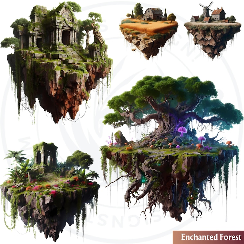 Floating Islands Ecosystem Cliparts - 30 Magical PNG Set for Sublimation and Crafts, RPG & POD. Fantasy Islands png, Nature Fantasy art