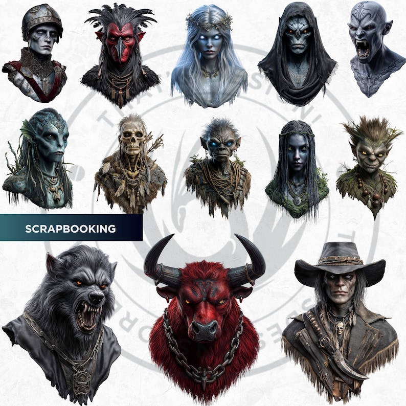 Creatures of Folklore Dark Fantasy Clipart PNG Set World Mythology Gothic Monsters for Horror & Junk Journal Kit Sublimation, Baba yaga