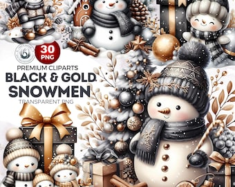 Black and Gold Snowman Clipart Bundle: Festive Christmas PNG, Winter decor (Digital Download)