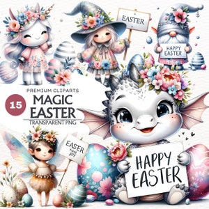 Magic Easter clipart bundle, Nursery PNG, Spring PNG, Easter Eggs png graphics, fairy, elf, gnome, unicorn, dragon, witch sublimation