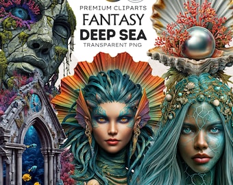 Conjunto de imágenes prediseñadas de fantasía marina: imágenes PNG de sirenas, ninfas marinas y dioses del mar (descarga digital para uso comercial)
