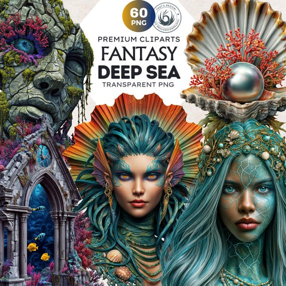 Deep Sea Fantasy Clipart Set: Mermaid, Siren, & Sea God PNGs (commercial use digital download)
