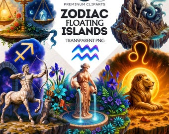Zodiac Floating Islands Clipart Set: Astrology PNG (Digital Download, Commercial Use)