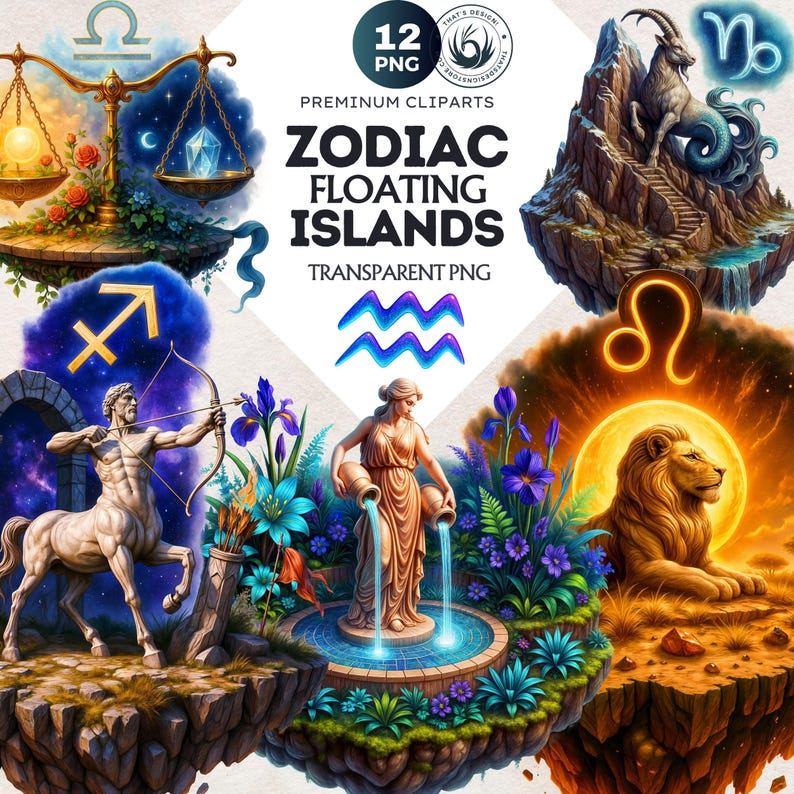 Floating islands Zodiac Clipart Set, Astrology clipart, horoscope signs, Fantasy Clipart, Celestial clipart, zodiac sublimation, zodiac png