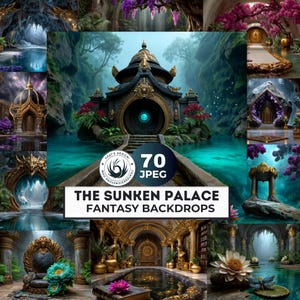 Pode incluir: Uma coleção de 70 imagens de fundo de fantasia. As imagens mostram palácios místicos, cursos d'água serenos e paisagens exuberantes. O texto "THE SUNKEN PALACE FANTASY BACKDROPS" é exibido.