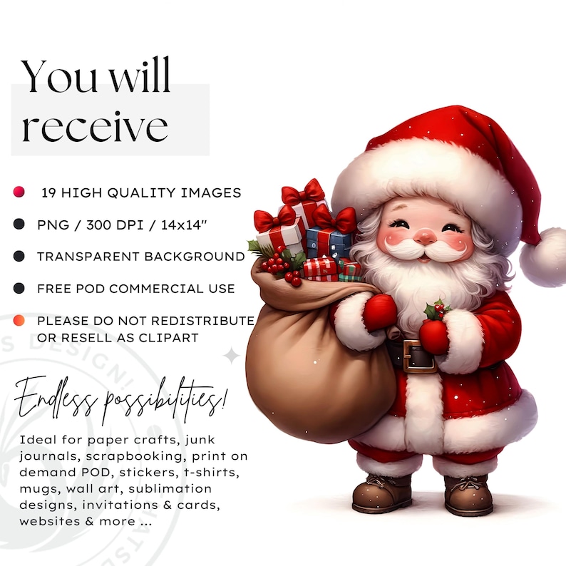 Cute Santa Clipart PNG for sublimation & crafts, Santa Claus christmas PNG, Card Making, print on demand Christmas Clipart. Commercial use