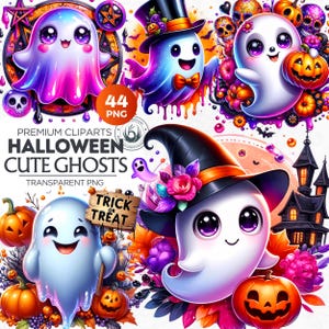 44 vibrantes imágenes prediseñadas de fantasmas de Halloween, lindos fantasmas PNG, imágenes PNG de Halloween, imágenes prediseñadas de Halloween / Impresiones digitales de Halloween para niños / Sublimación de Halloween