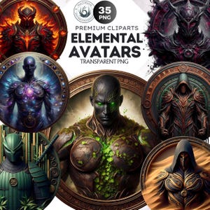 Elemental avatars Clipart Set. 35 Fantasy Elements for Crafts, RPG & POD. Elemental png Fantasy art, fire, water, earth, air, wood, stone